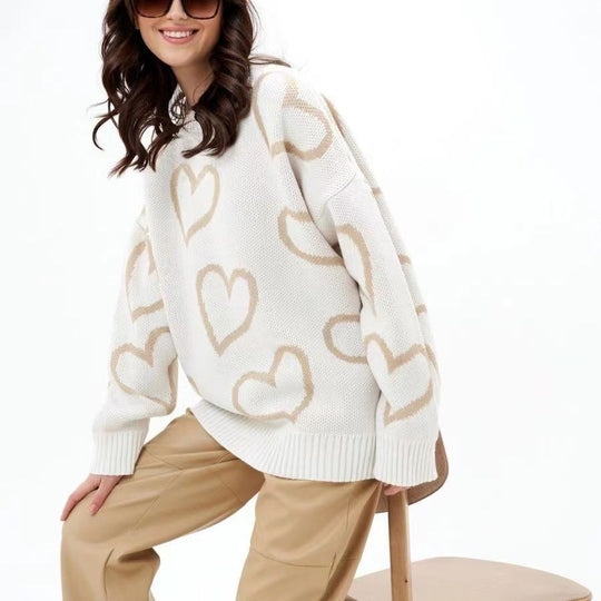 Damen lässiger Strickpullover mit Herzdesign und oversized Passform EB