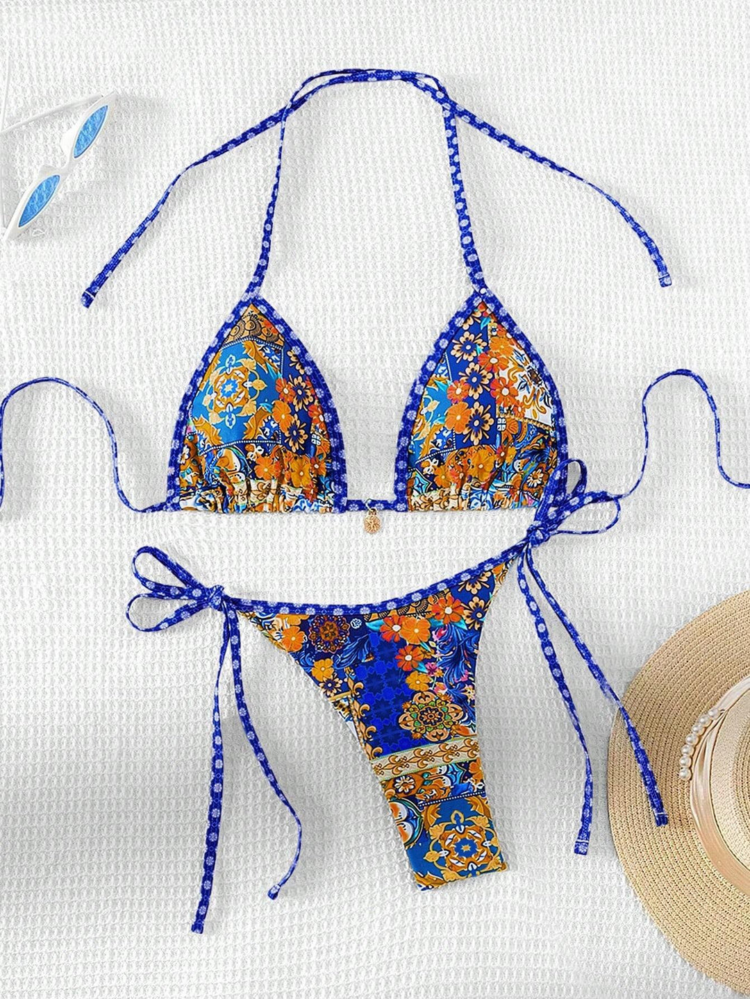 Damen Triangel-Bikini mit buntem floralen Mustermix und verstellbaren Trägern EB