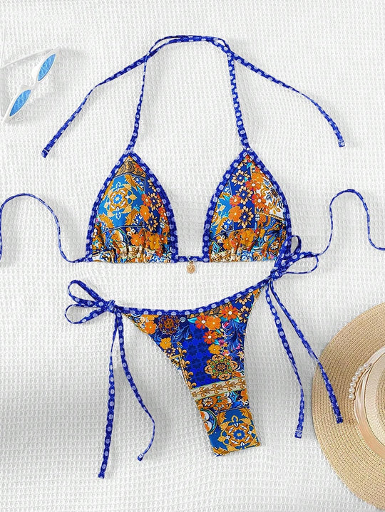 Damen Triangel-Bikini mit buntem floralen Mustermix und verstellbaren Trägern EB
