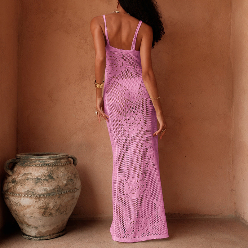 Damen Häkel-Maxi-Kleid mit transparentem Design und floralem Muster EB