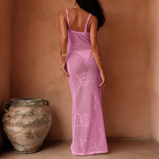 Damen Häkel-Maxi-Kleid mit transparentem Design und floralem Muster EB