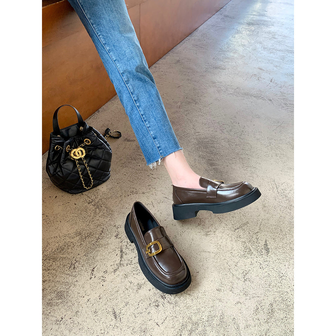 Damen Elegante Loafers mit stabiler Sohle und goldfarbener Schnallenakzent EB