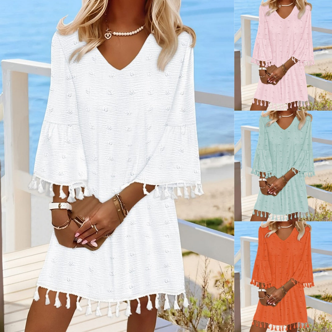 Damen Strandkleid mit elegantem V-Ausschnitt und dekorativen Fransen EB
