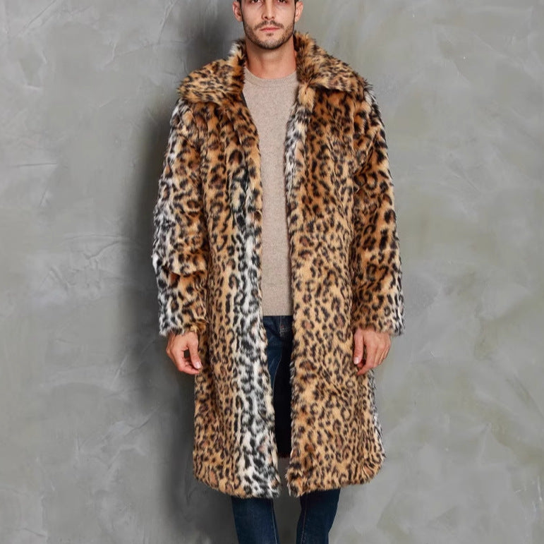 Herren Eleganter Kunstfellmantel mit Leopardenmuster und breitem Kragen EB
