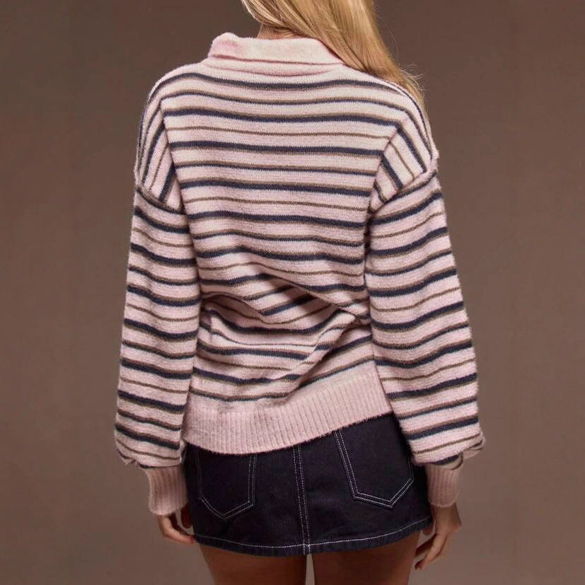 Damen gestreifter Pullover mit Polokragen EB