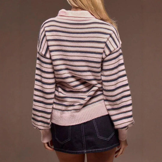 Damen gestreifter Pullover mit Polokragen EB