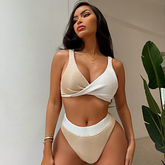 Damen Hochwertiges Ripp-Bikini-Set mit überkreuztem Oberteil EB