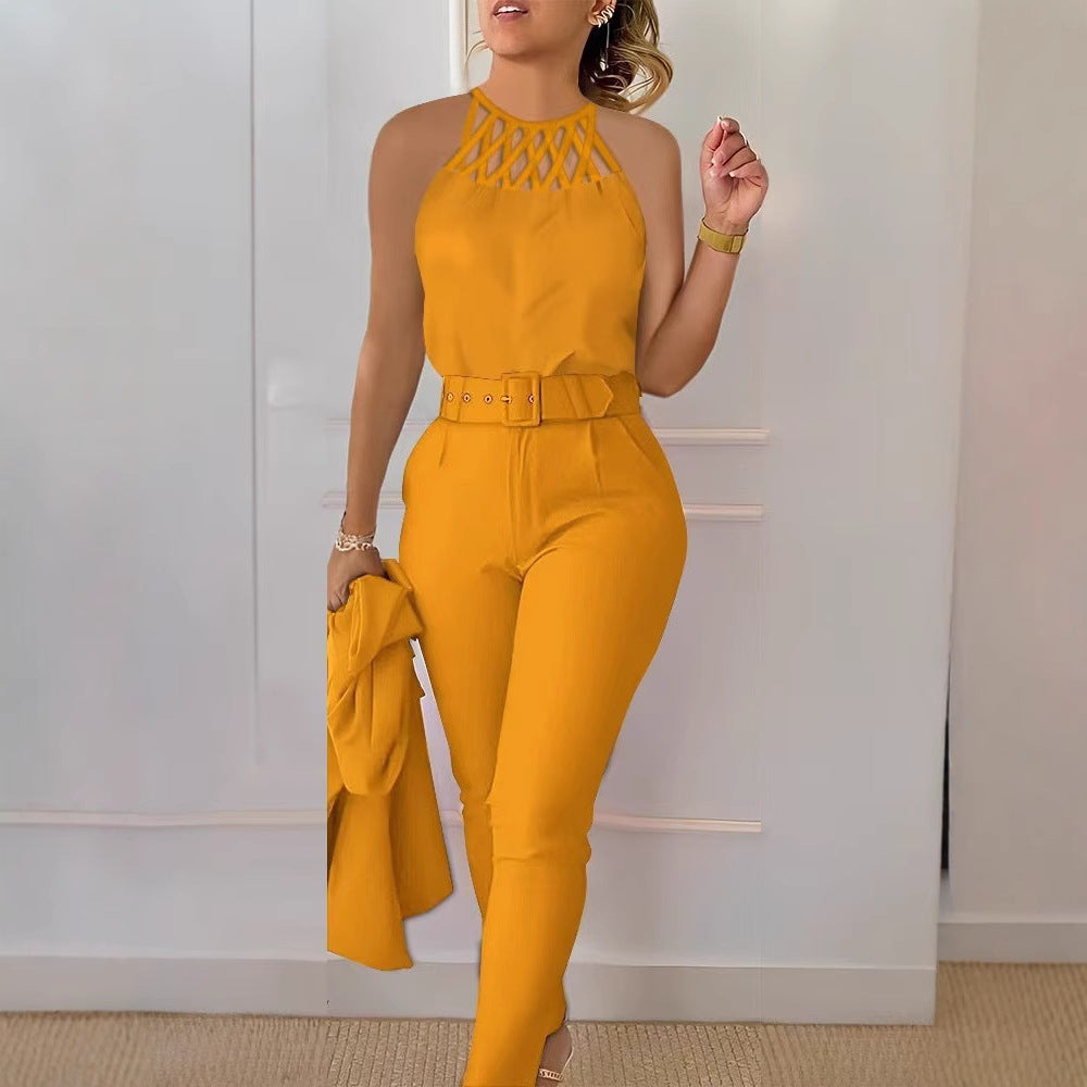 Damen Eleganter Jumpsuit mit schickem Gürtel und raffiniertem Cut-Out EB