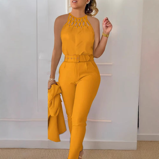 Damen Eleganter Jumpsuit mit schickem Gürtel und raffiniertem Cut-Out EB
