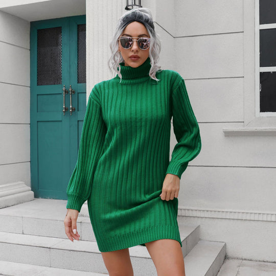 Damen Strickkleid mit hohem Kragen und elastischem Gürtel EB