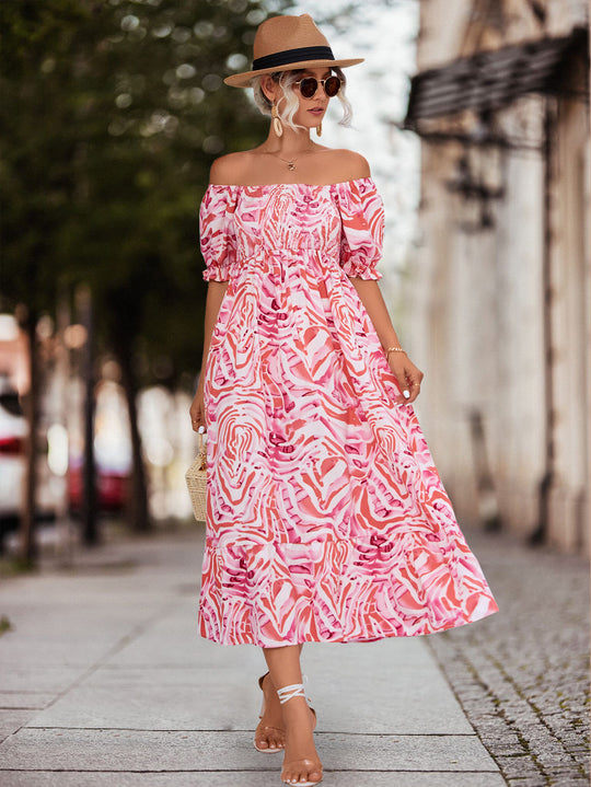 Damen Off-Shoulder Maxikleid mit floralen Akzenten und elastischer Taillierung EB