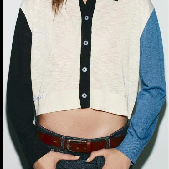 Damen modische Strickjacke mit farblich abgesetzten Ärmeln und Knopfverschluss EB