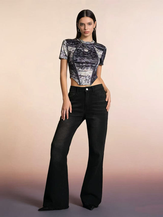 Damen nan hochgeschnittene Stretch-Flared-Jeans mit ausgefranstem Saum und taillierendem Five‑Pocket-Schnitt EB