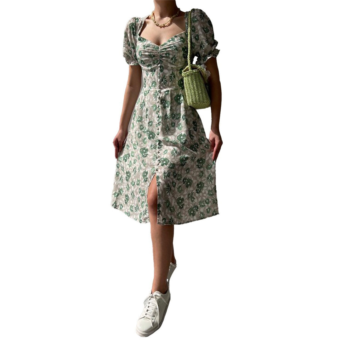 Damen Blumenkleid mit gerafften Ärmeln und seitlichem Schlitz EB