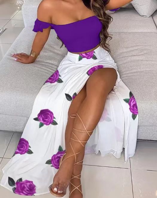 Damen Maxirock mit floralem Design und hohem Schlitz EB