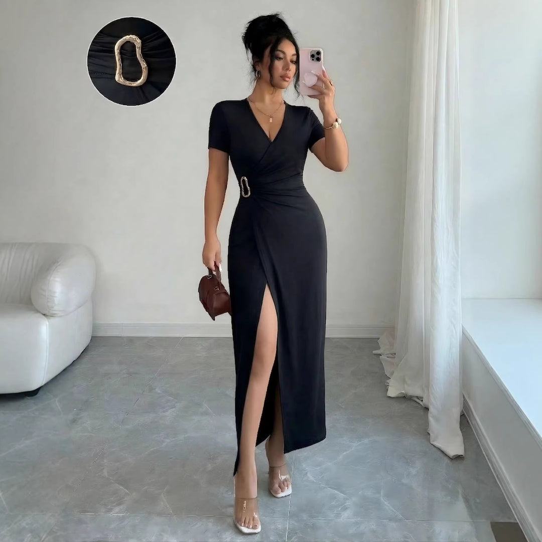 Damen nan figurbetontes Wickel-Midikleid mit V-Ausschnitt, Taillenring und hohem Beinschlitz EB