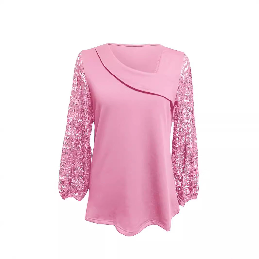 Damen Bluse mit modernen Spitzenärmel und elegantem V-Ausschnitt Heidi-Mode