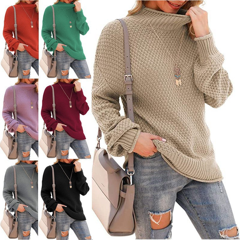 Damen Grobstrickpullover mit hohem Kragen und bequemen Ärmeln EB