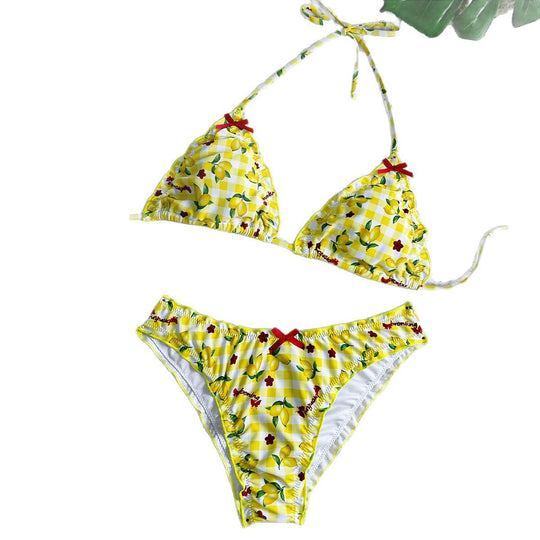 Damen Triangel Bikini mit frischem Karomuster und kontrastierenden Schleifen EB