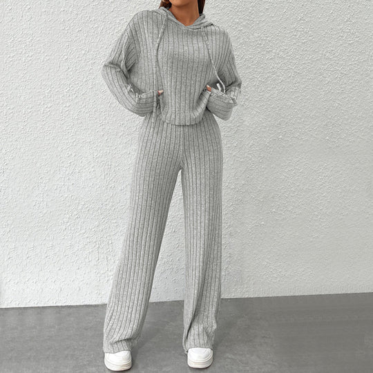 Damen geripptes Lounge-Set mit Kapuzenpullover und weiter Highwaist-Hose Eichborn Berlin