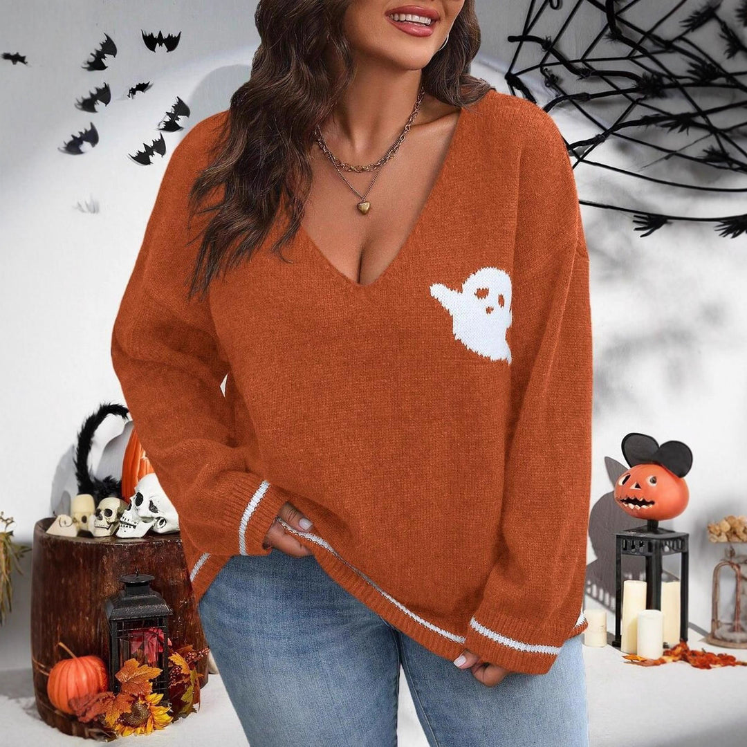 Damen Strickpullover mit Ghost-Motiv und V-Ausschnitt EB