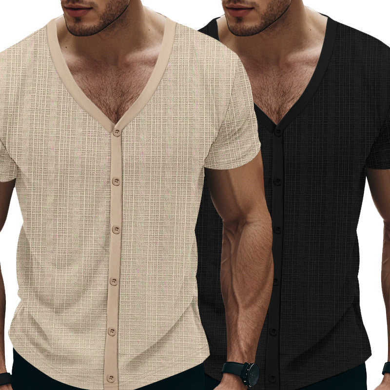 Herren Kurzarm Henley-Shirt mit strukturiertem Design und Knopfleiste EB