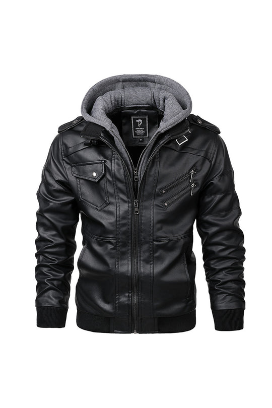 Herren Kunstleder-Bomberjacke mit Kapuze Fleece-Innenfutter und Multifachtaschen EB