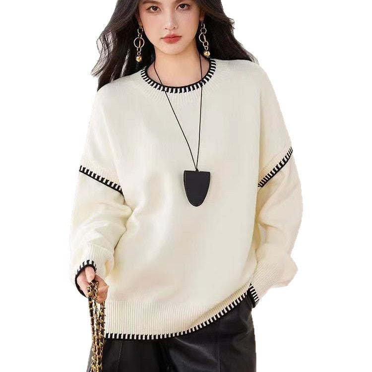 Damen Übergroßer Strickpullover mit Kontrastbündchen EB