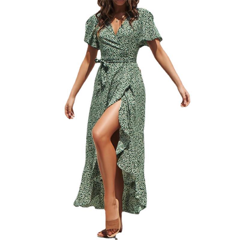 Damen lässiges Maxikleid mit Rüschendetails und hohem Schlitz EB