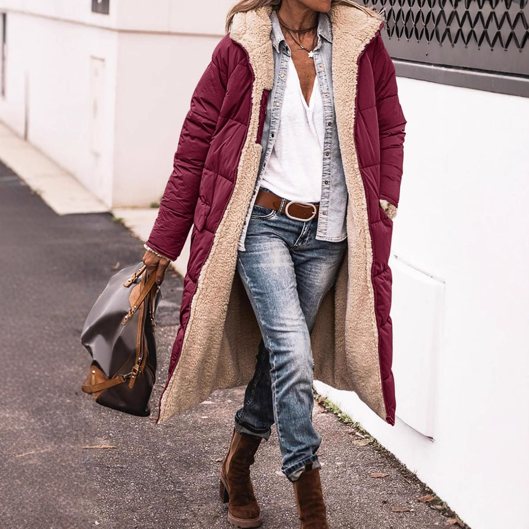 Damen lange Steppjacke mit kuscheligem Teddyfutter und großem Revers EB