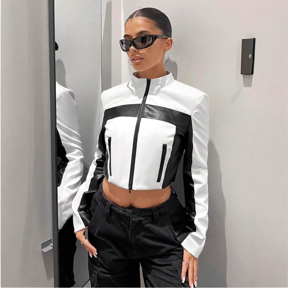 Damen Sportliche cropped Jacke aus Kunstleder mit Kontrastdetails EB