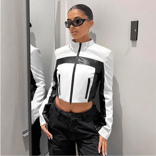 Damen Sportliche cropped Jacke aus Kunstleder mit Kontrastdetails EB