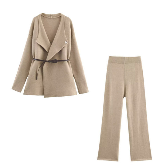 Damen elegantes Strickset mit tailliertem Blazer und weitem Hosenbein EB