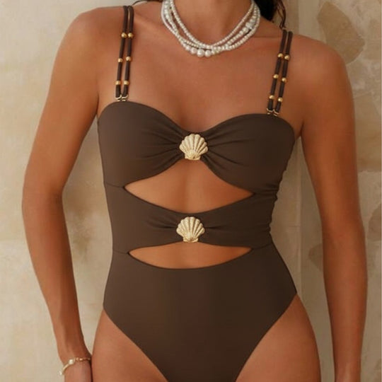 Damen Designer-Badeanzug mit Cut-Out-Details und Muschel-Applikation EB