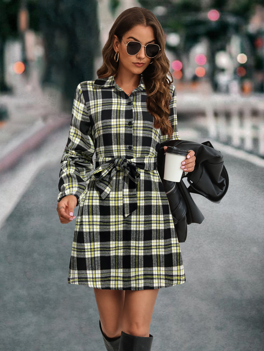 Damen Karohemdkleid mit Bindegürtel und langen Ärmeln EB