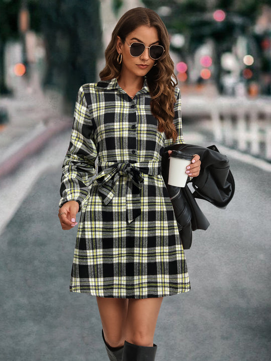 Damen Karohemdkleid mit Bindegürtel und langen Ärmeln EB