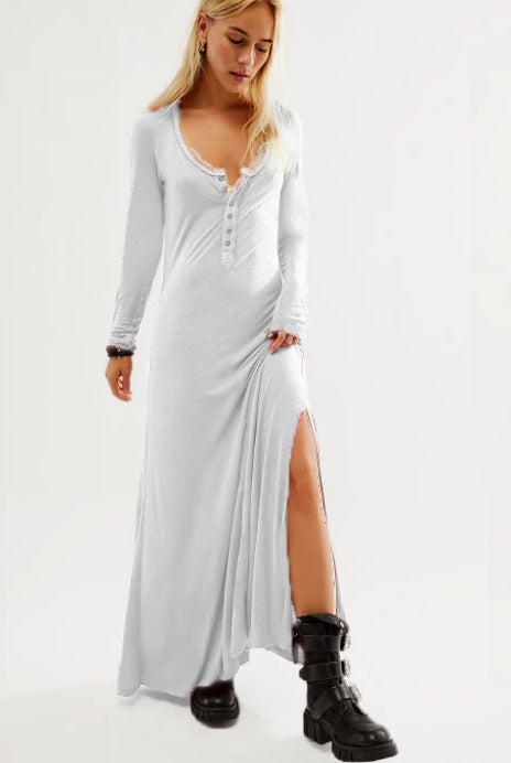 Damen Maxikleid mit knopflosem Ausschnitt und seitlichem Schlitz EB