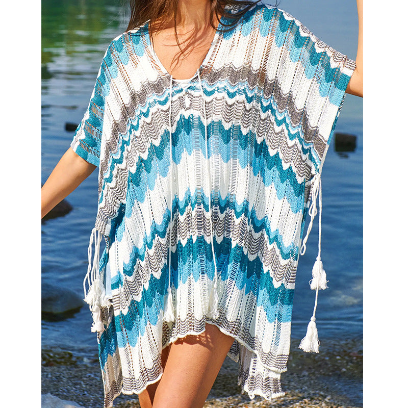 Damen lässiger Strandkimono im Wellenmuster mit offenen Ärmeln und seitlichen Schlitzen EB