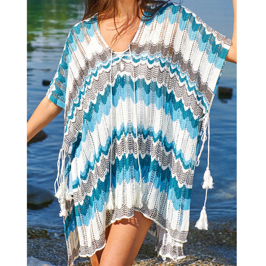 Damen lässiger Strandkimono im Wellenmuster mit offenen Ärmeln und seitlichen Schlitzen EB