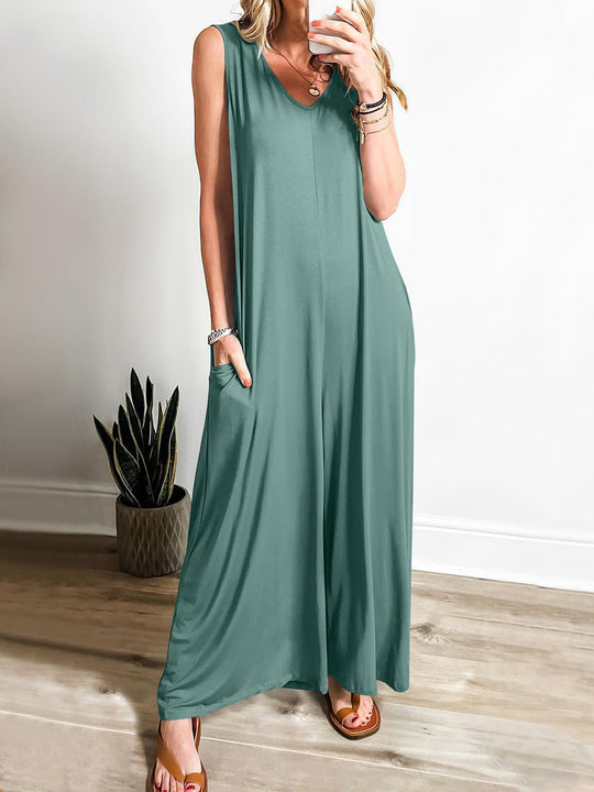 Damen Lockerer Jumpsuit mit tiefem V-Ausschnitt und seitlichen Taschen EB