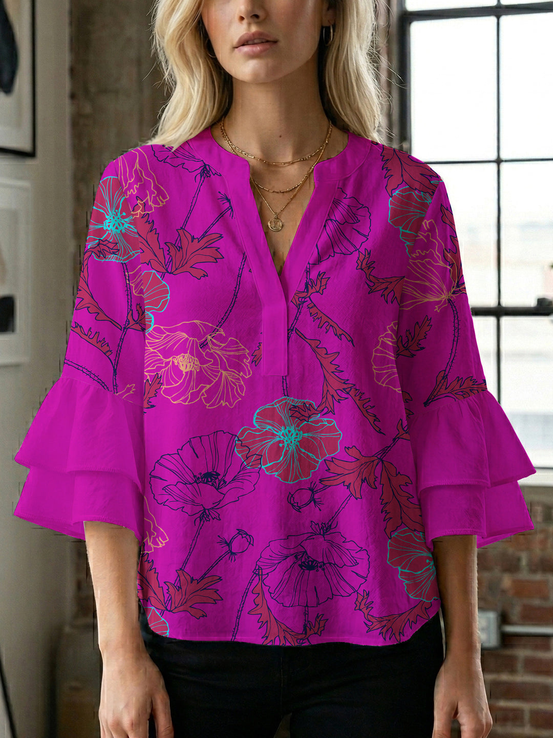 Damen Blusenshirt mit voluminösen Ärmeln und floralem Muster EB