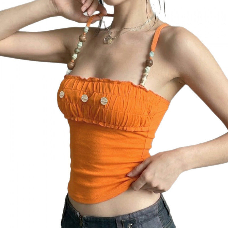 Damen Spitzen-Crop-Top mit dekorativem Rüschen und Knopfdetails EB