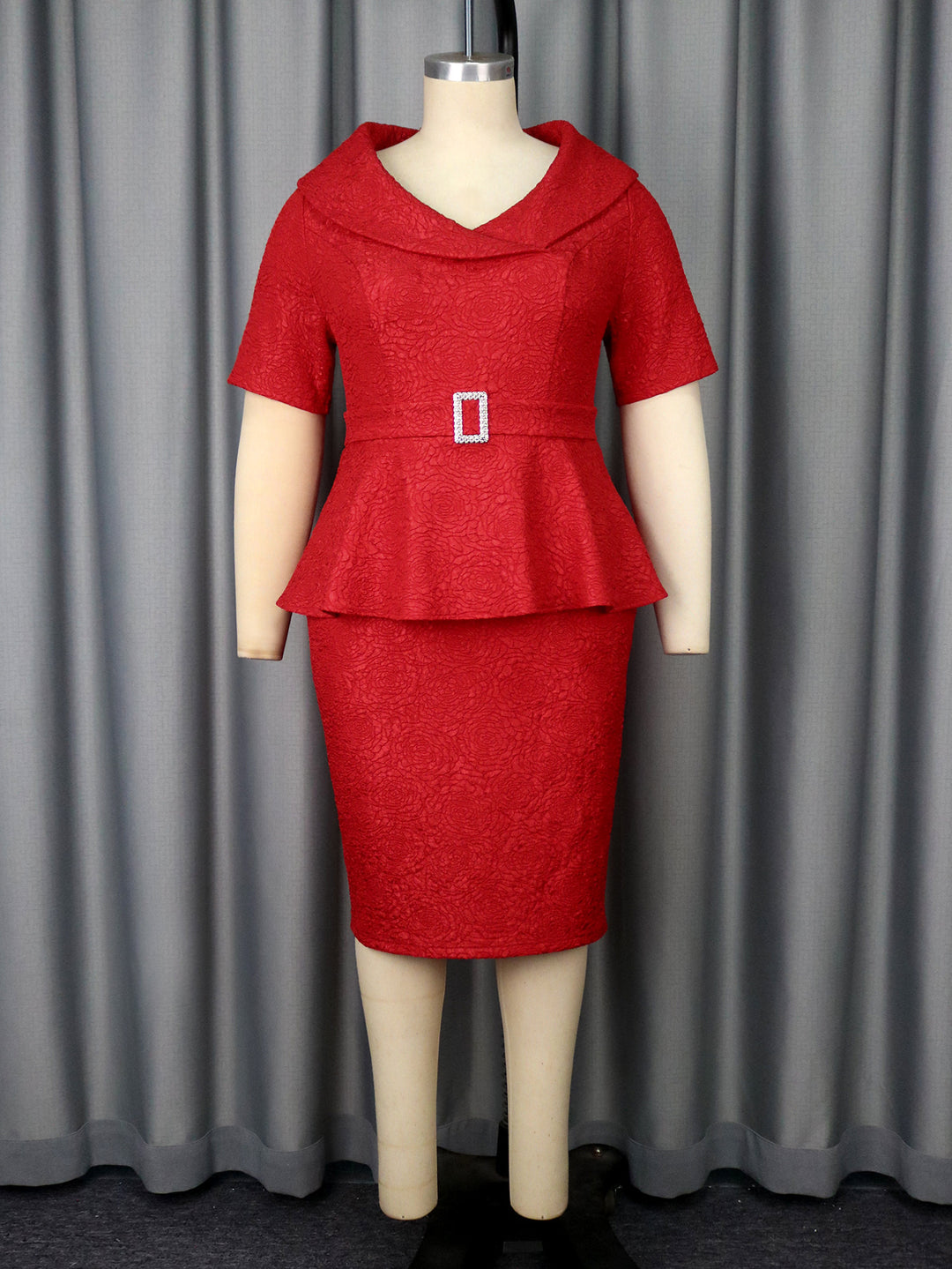 Damen Elegantes Peplum-Kleid mit schickem Kragen und glitzerndem Gürteldetail EB