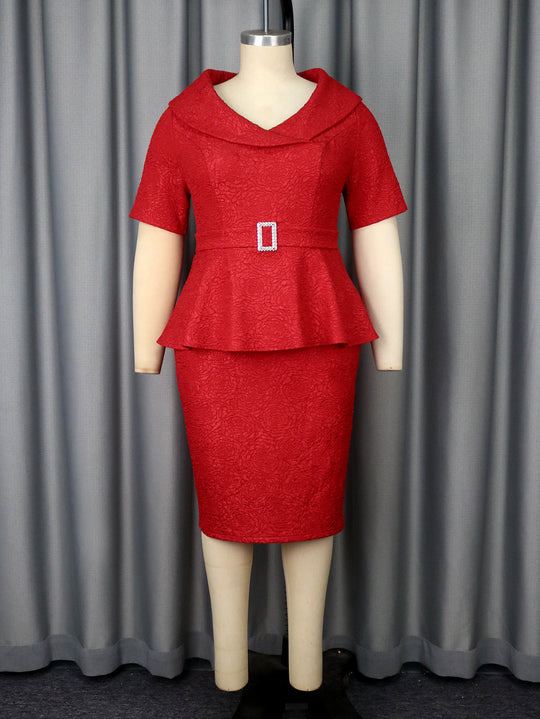 Damen Elegantes Peplum-Kleid mit schickem Kragen und glitzerndem Gürteldetail EB