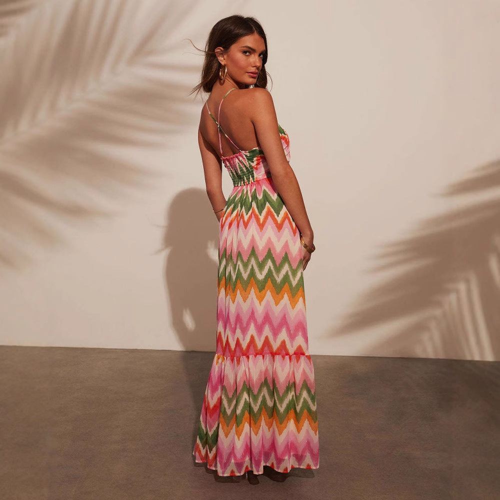 Damen Maxikleid mit zartem Wellenmuster und Bandeau-Ausschnitt EB