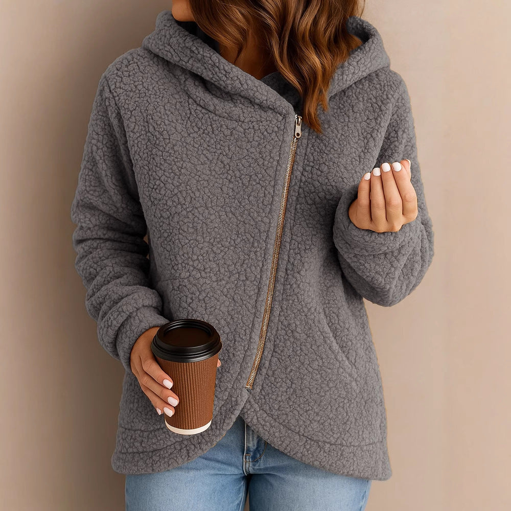 Damen Flauschige Kapuzenjacke mit asymmetrischem Reißverschluss EB