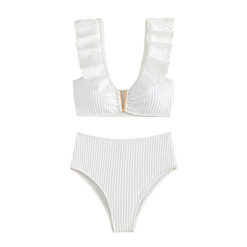Damen hochtailliertes Bikini-Set mit Rüschendetails und goldenen Akzenten EB