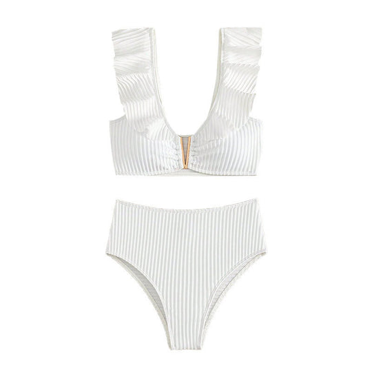 Damen hochtailliertes Bikini-Set mit Rüschendetails und goldenen Akzenten EB