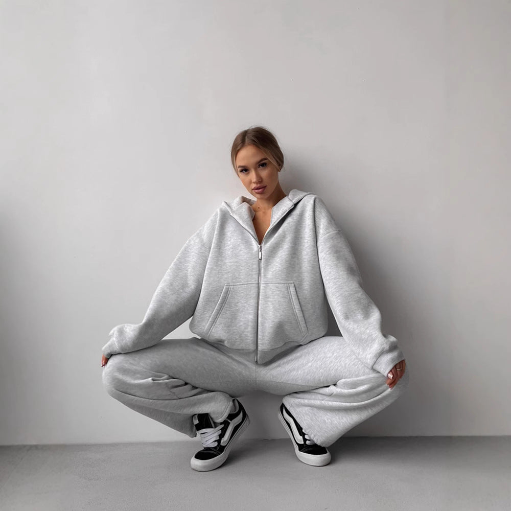 Damen Loungewear-Set EB: Oversized Zip-Hoodie mit Kapuze und weiter High-Waist Sweatpant aus Soft-Fleece