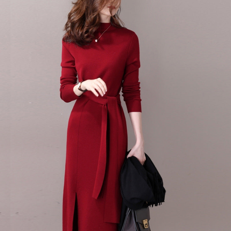 Damen Elegantes Strickkleid mit seitlichem Schlitz und tailliertem Gürtel EB